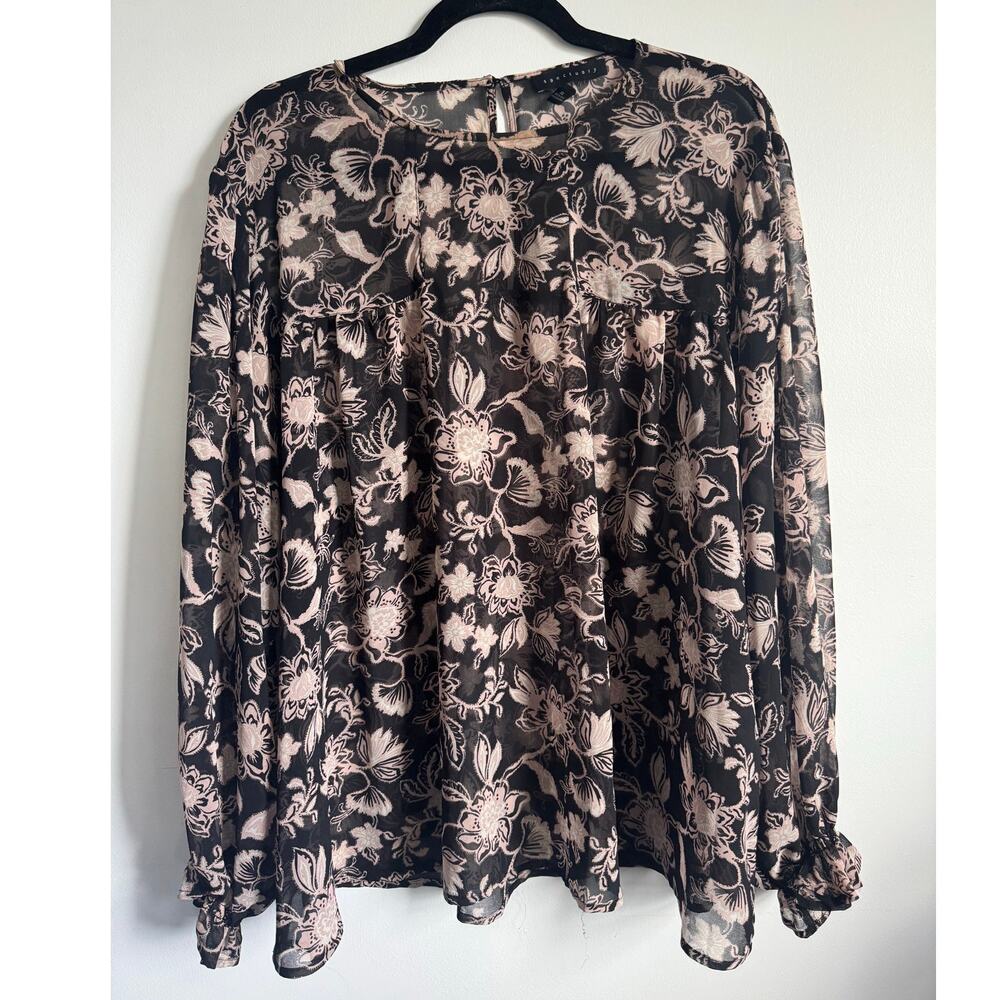 Sanctuary XL Floral Sheer‎ Blouse Black Pink Long Sleeve Boho Top Spring Flowy